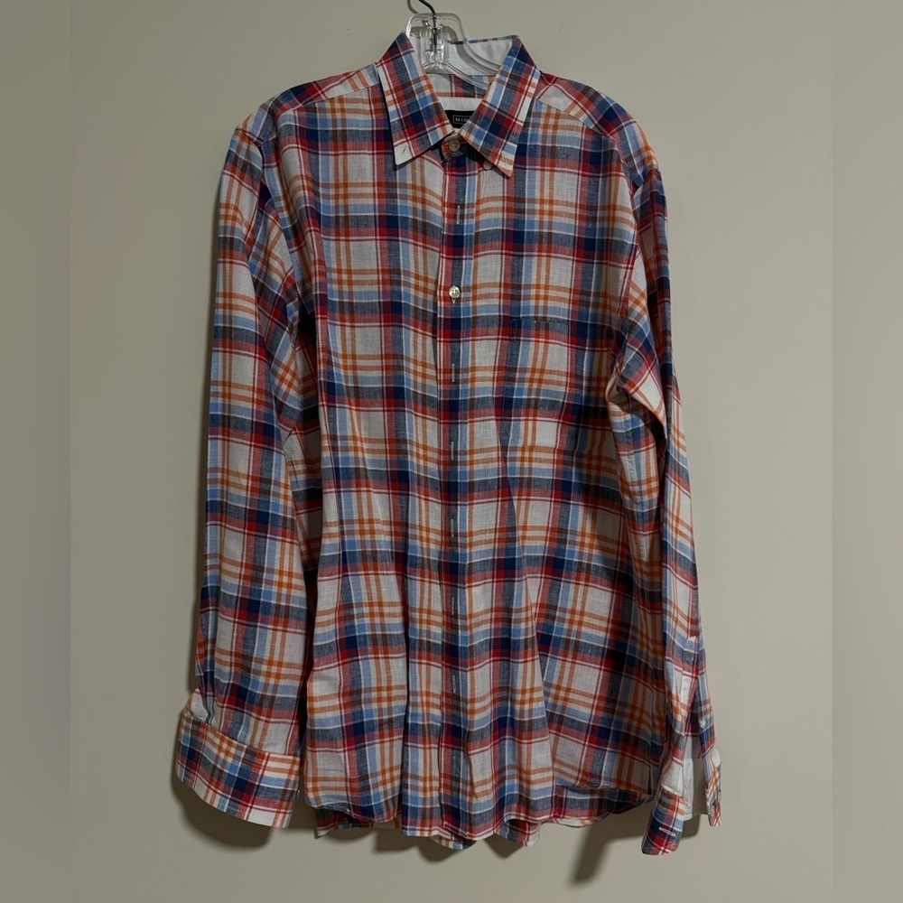 Men's Mirto Linen Button Down Shirt - Red, Blue, and Orange. Size M. Pristine